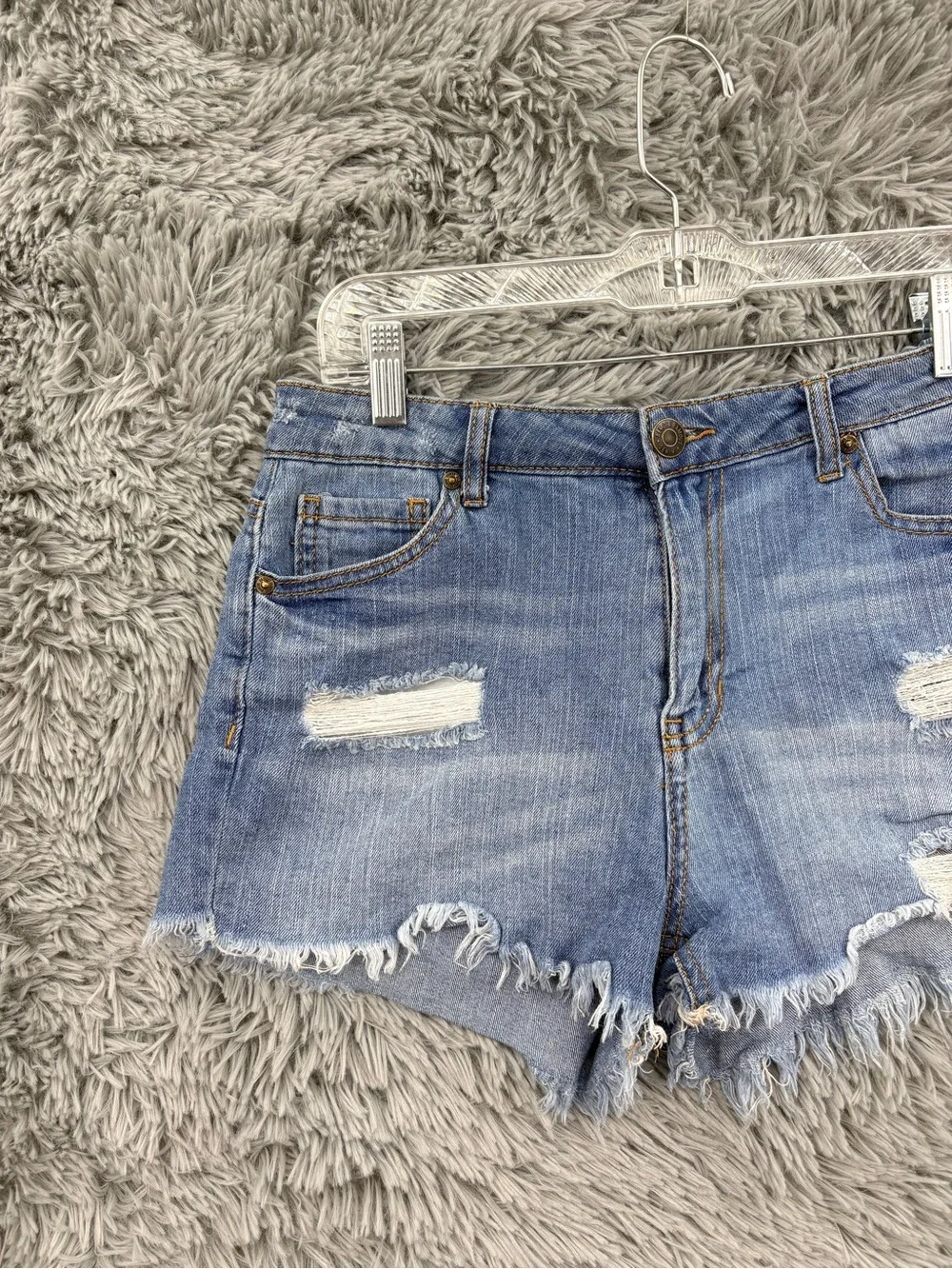 Almost Famous Denim Shorts Womens 10 High Rise Distressed Raw Hem Blue